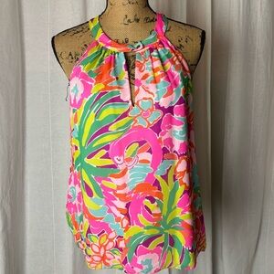 Lilly Pulitzer Rogan Silk Blouse Flamingo Sleeveless Size Medium Pink Lined